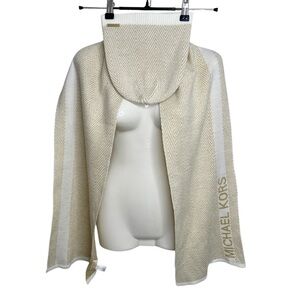 Michael Kors Hat Scarf Gift Set Knit Cream Glitter Metallic Gold MK NWT